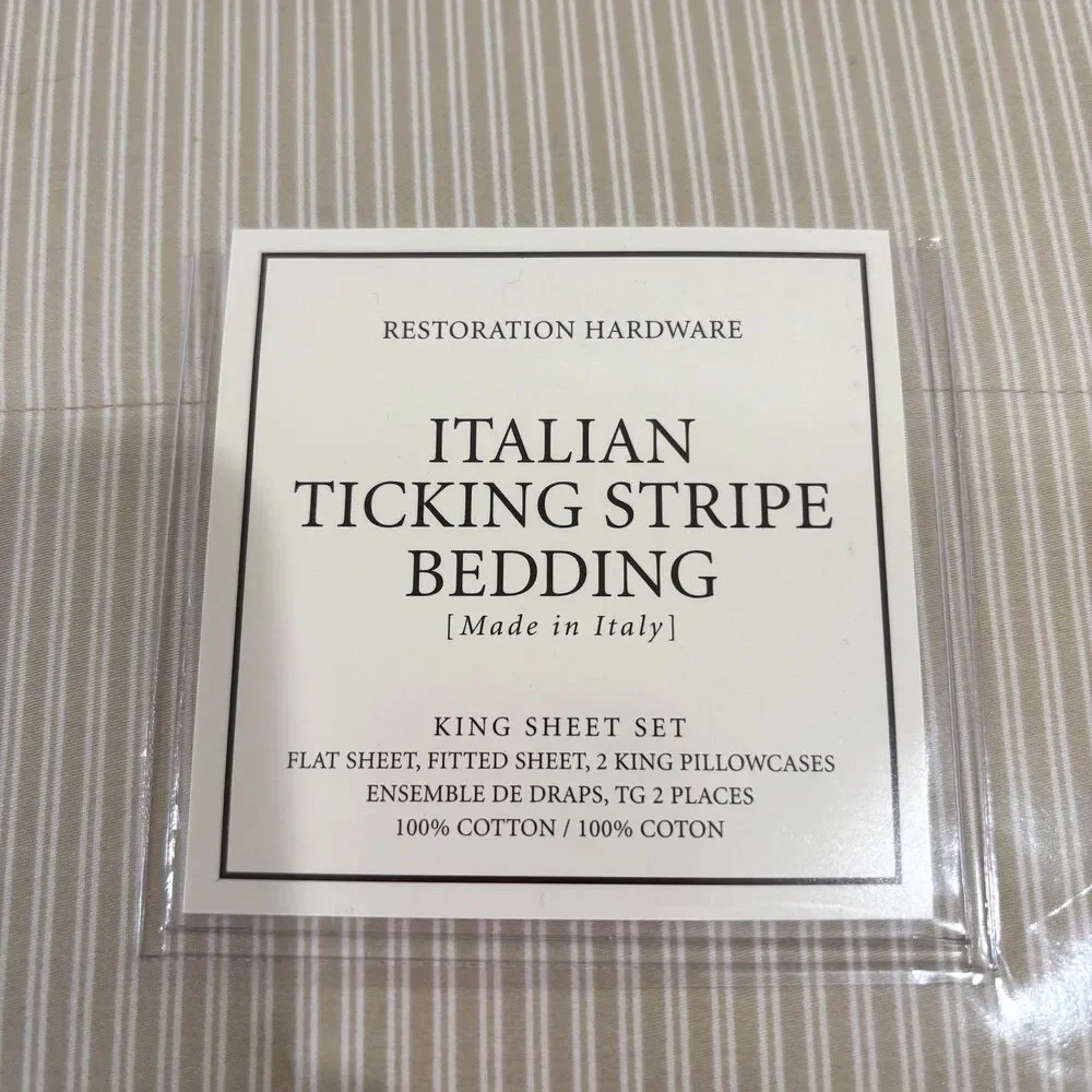 Restoration Hardware Italian Ticking Stripe King Sheet Set Beige Cotton Sateen